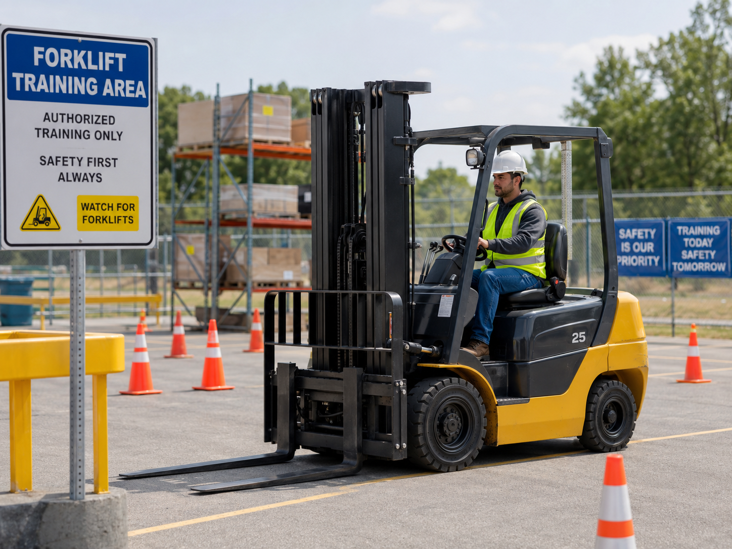 Operator pemula mengemudikan forklift di lapangan uji dengan perlengkapan K3 lengkap