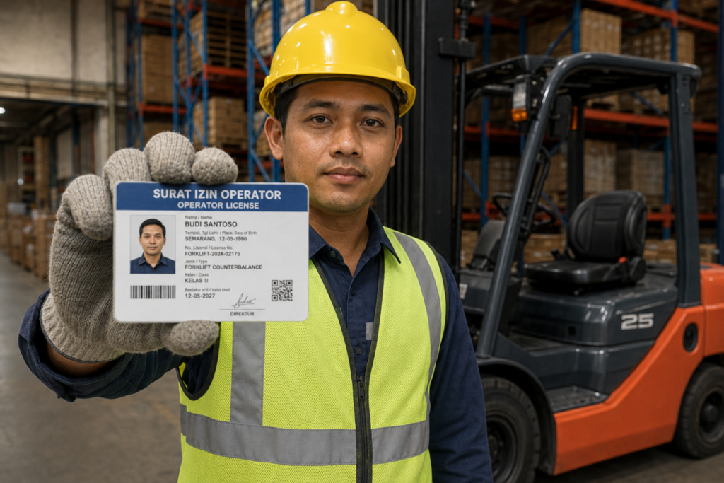 Operator forklift menunjukkan SIO resmi di area gudang